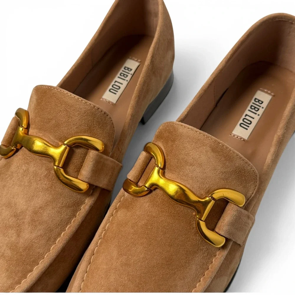 NIB Bibi Lou Zagreb Loafer Suede Gold Horsebit 41/10-10.5 Camel Anthropologie